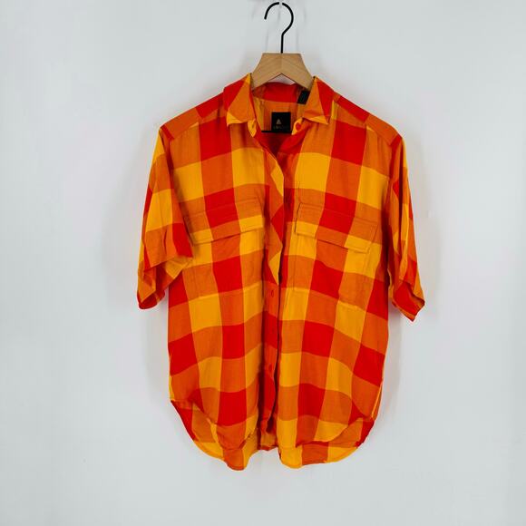 Vintage Liz Sport Rayon Button Down Orange Yellow Plaid Shirt Size Small Farm - Picture 6 of 6